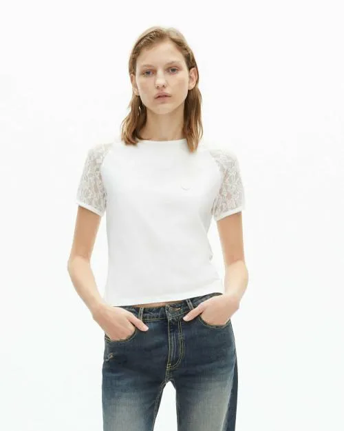 Women Tshirts The Kooples White TShirt With Lace Sleeves Ecru