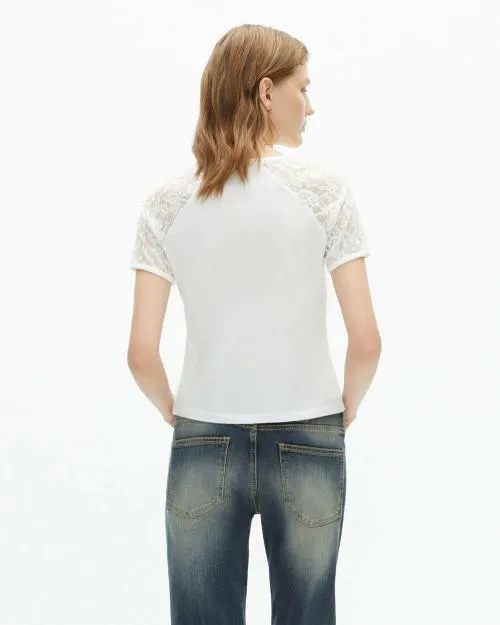 Women Tshirts The Kooples White TShirt With Lace Sleeves Ecru