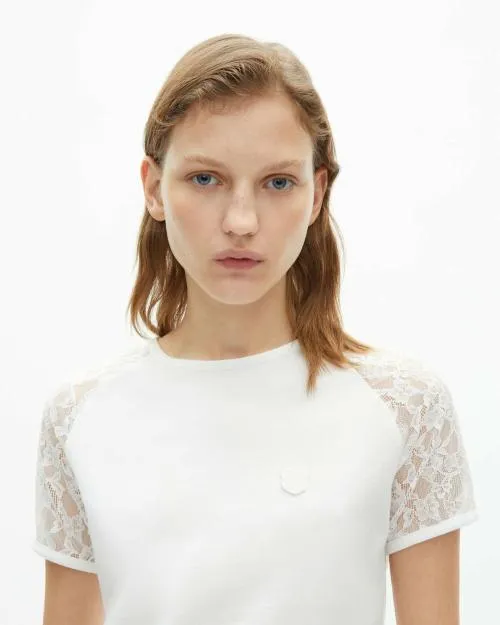 Women Tshirts The Kooples White TShirt With Lace Sleeves Ecru