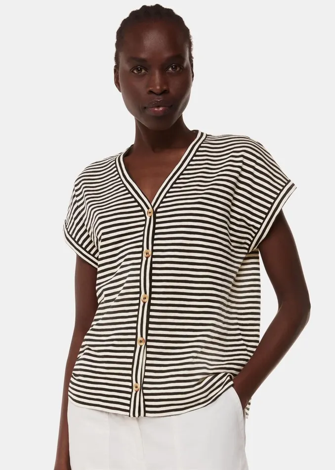 Women TShirts Whistles Black Jilly Stripe Button Top