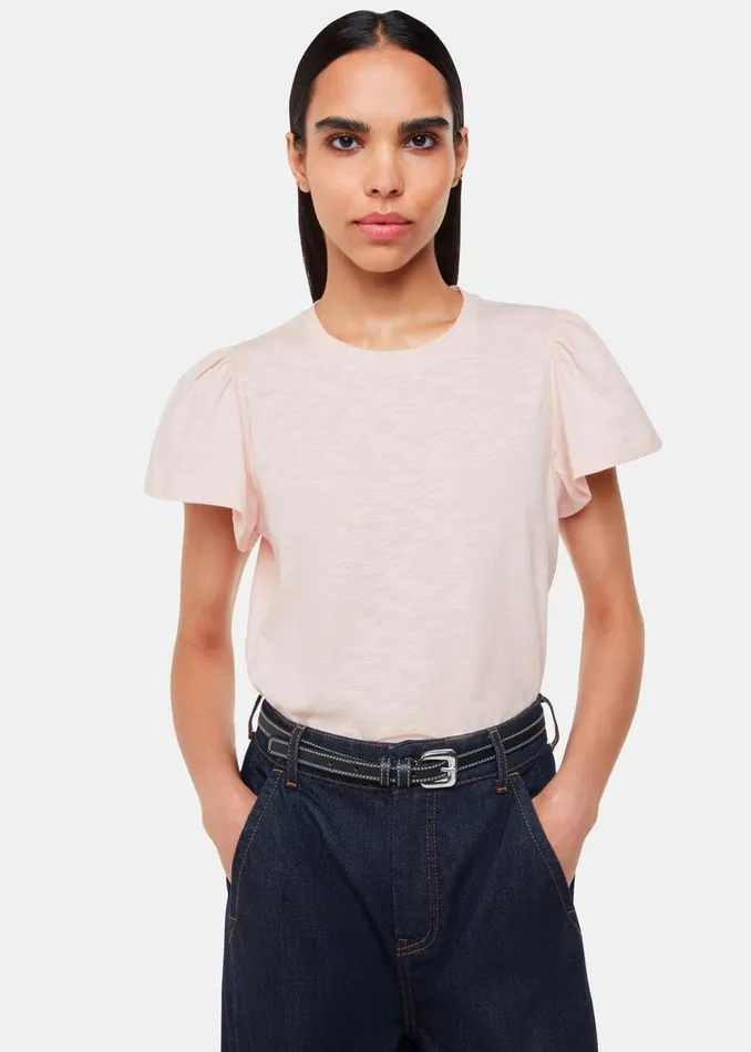 Women TShirts Whistles Pale Pink Cotton Frill Sleeve TShirt
