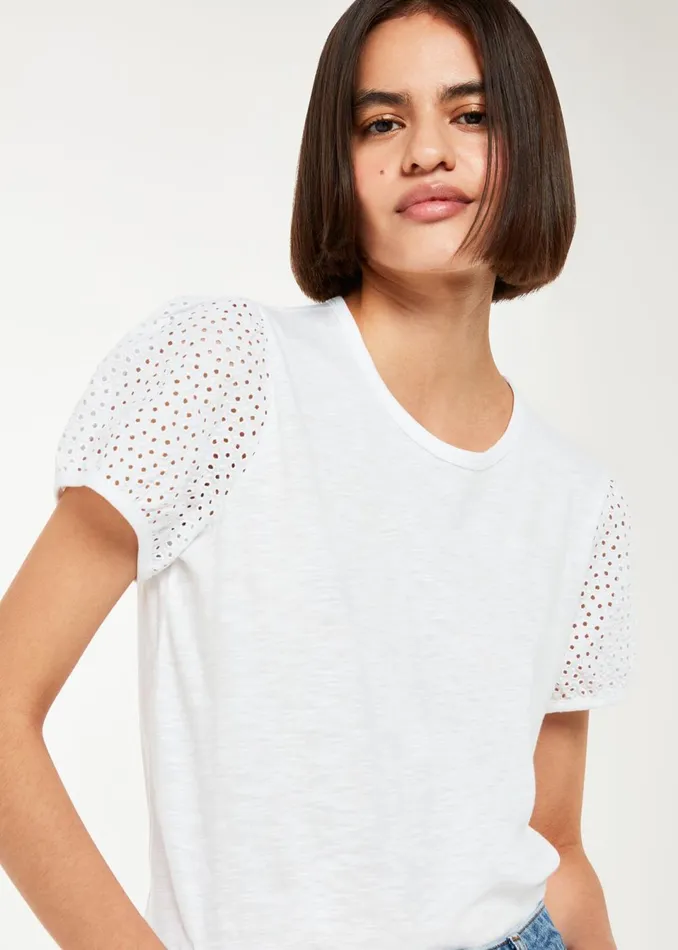 Women TShirts Whistles White Broderie Puff Sleeve TShirt