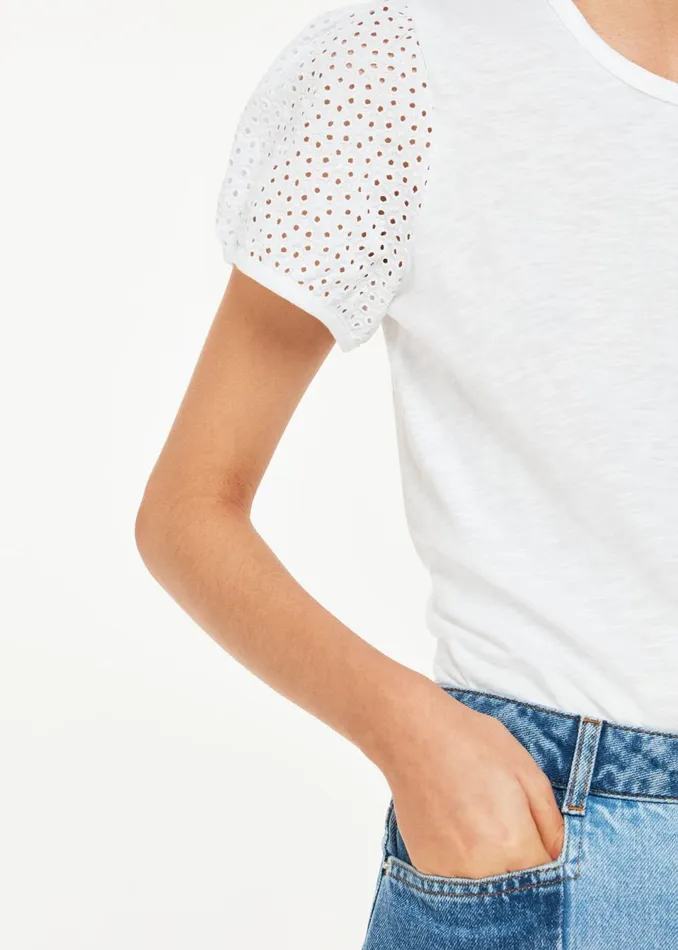 Women TShirts Whistles White Broderie Puff Sleeve TShirt