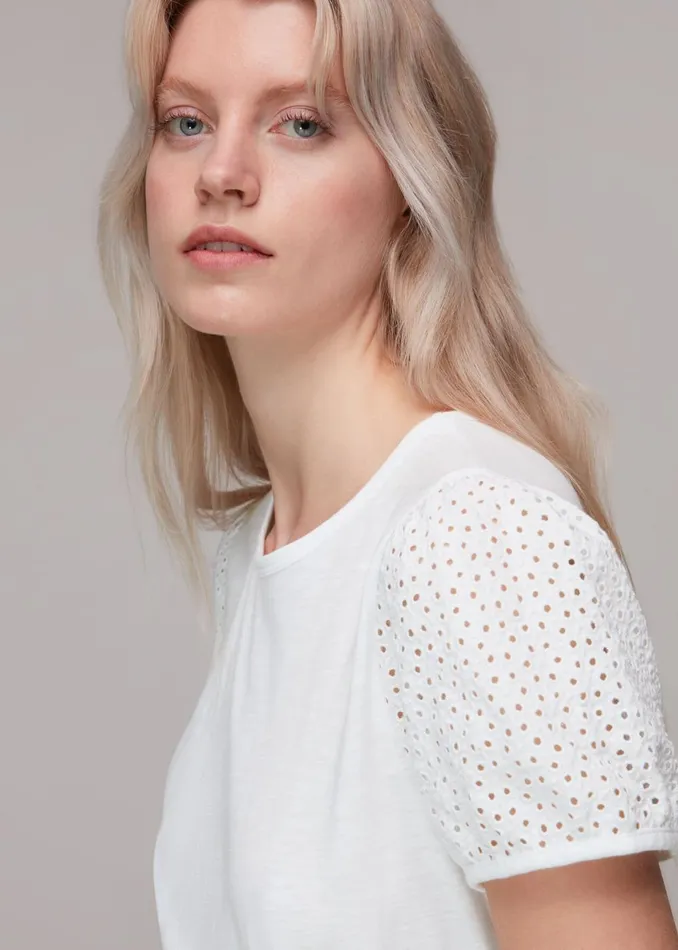 Women TShirts Whistles White Broderie Puff Sleeve TShirt