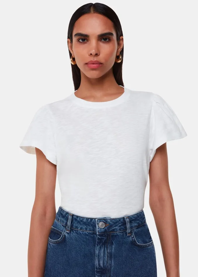 Women TShirts Whistles White Cotton Frill Sleeve T Shirt