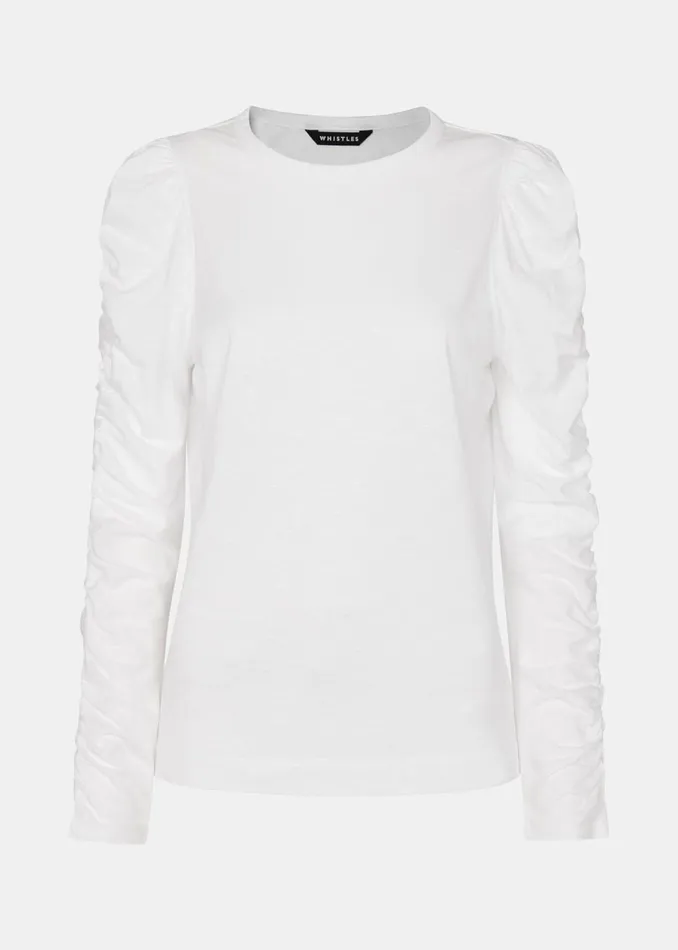 Women TShirts Whistles White Ruched Sleeve Top