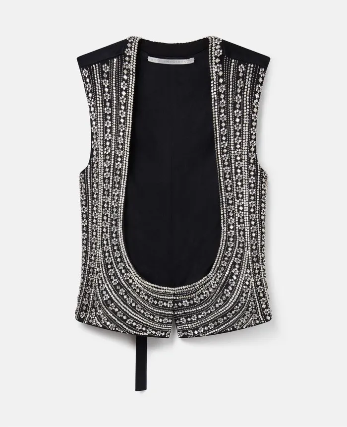 Women Tailoring Stella McCartney Crystal Embellished Wool Tuxedo Waistcoat Metallic Silver