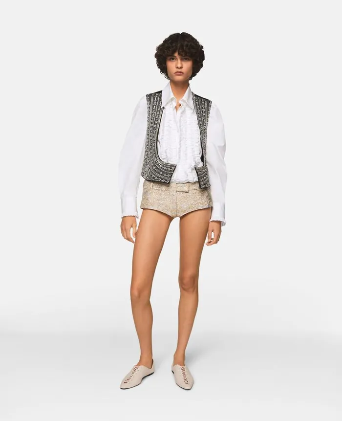 Women Tailoring Stella McCartney Crystal Embellished Wool Tuxedo Waistcoat Metallic Silver