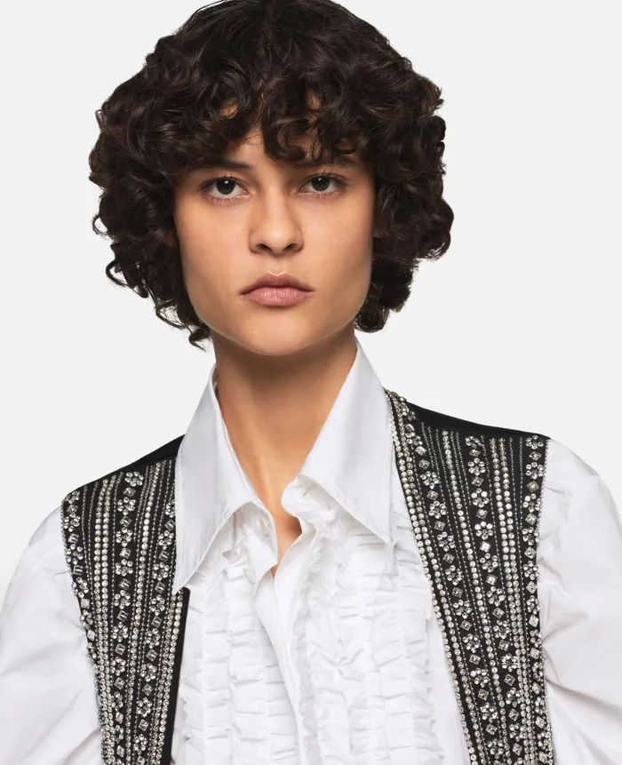 Women Tailoring Stella McCartney Crystal Embellished Wool Tuxedo Waistcoat Metallic Silver