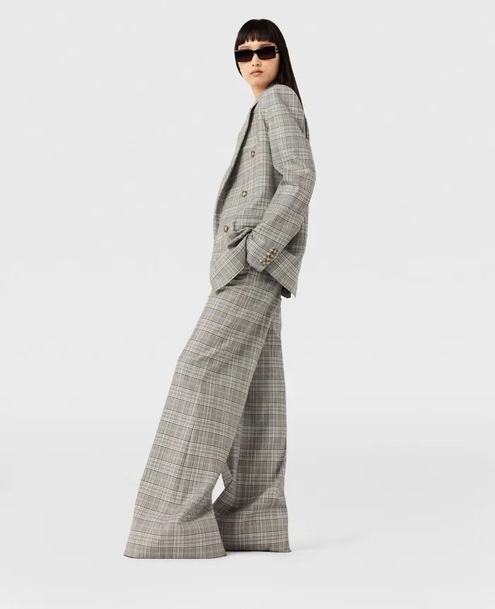 Women Tailoring Stella McCartney HighRise WideLeg Wool Pants Gray And Blue Check