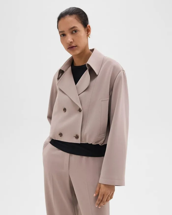 Women Theory Outerwear DoubleBreasted Crop Trench In Admiral Crepe Cinder