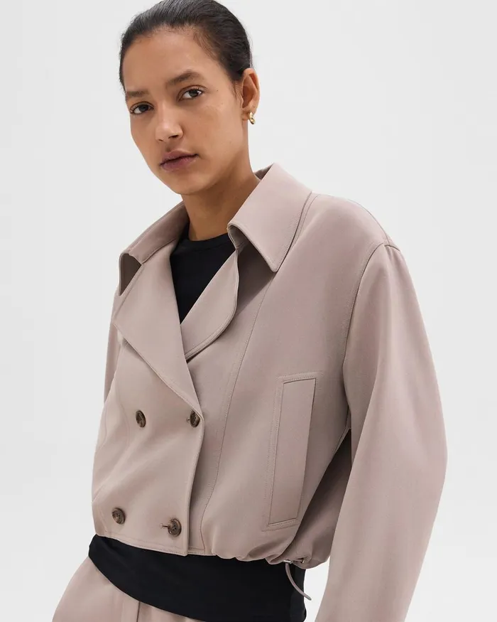 Women Theory Outerwear DoubleBreasted Crop Trench In Admiral Crepe Cinder