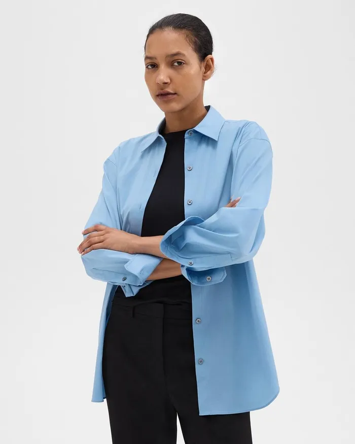 Women Theory Tops Boyfriend Shirt In Good Cotton Powder Blue