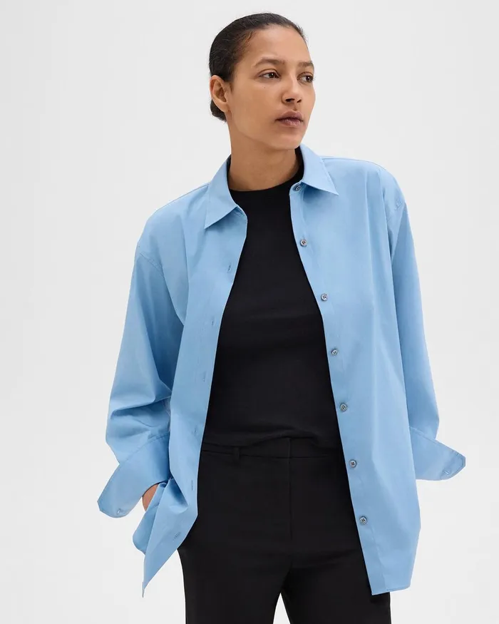 Women Theory Tops Boyfriend Shirt In Good Cotton Powder Blue