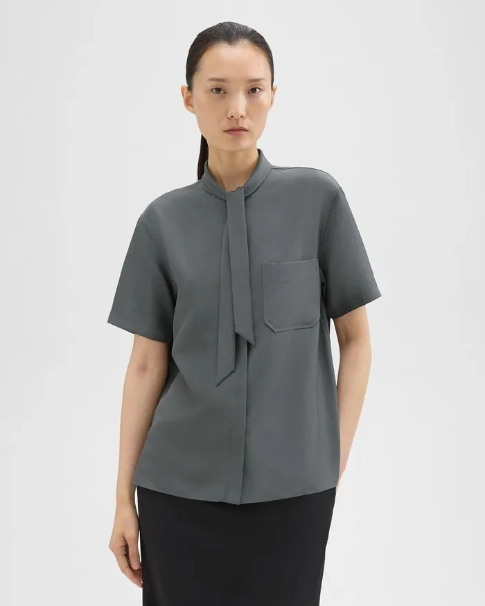 Women Theory Tops Tie Neck Silk Shirt Spruce