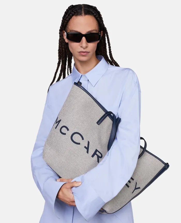 Women TopHandle Bags Stella McCartney Logo Canvas Beach Tote Bag Greynavy Women TopHandle Bags Stella McCartney Logo Canvas Beach Tote Bag Greynavy