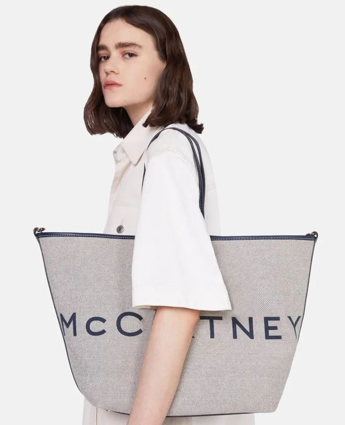 Women TopHandle Bags Stella McCartney Logo Canvas Beach Tote Bag Greynavy Women TopHandle Bags Stella McCartney Logo Canvas Beach Tote Bag Greynavy