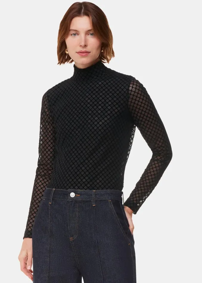 Women Tops Whistles Black Checked Flocked Mesh Top