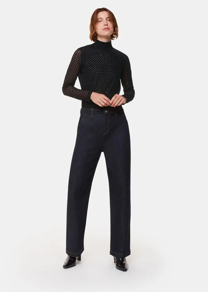 Women Tops Whistles Black Checked Flocked Mesh Top