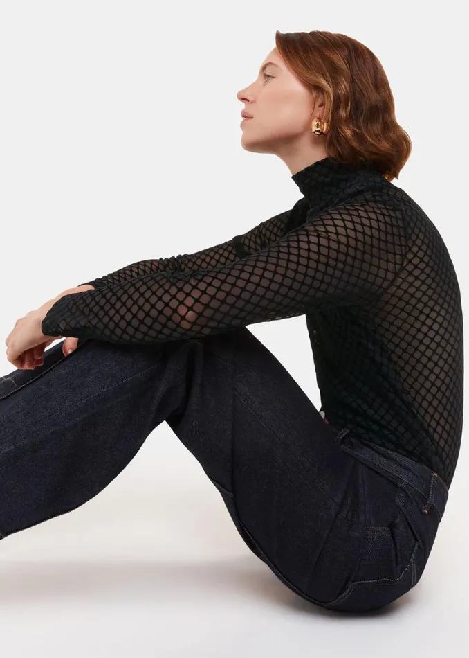 Women Tops Whistles Black Checked Flocked Mesh Top
