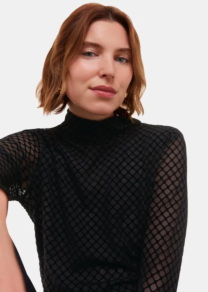 Women Tops Whistles Black Checked Flocked Mesh Top