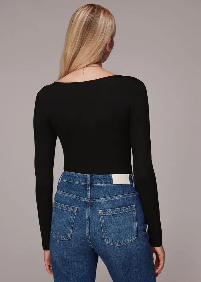 Women Tops Whistles Black Square Neck Long Sleeve Top