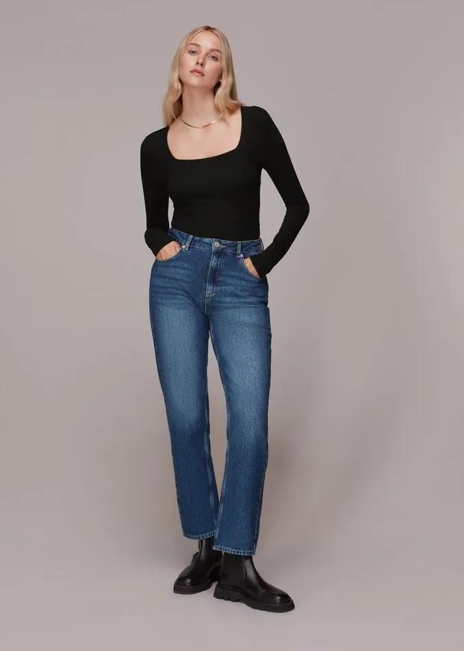 Women Tops Whistles Black Square Neck Long Sleeve Top