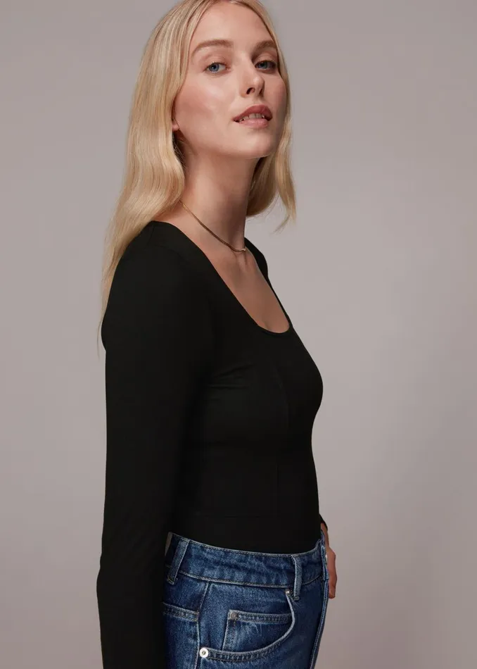Women Tops Whistles Black Square Neck Long Sleeve Top