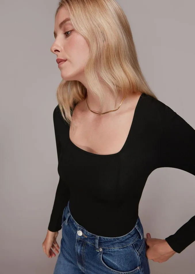 Women Tops Whistles Black Square Neck Long Sleeve Top
