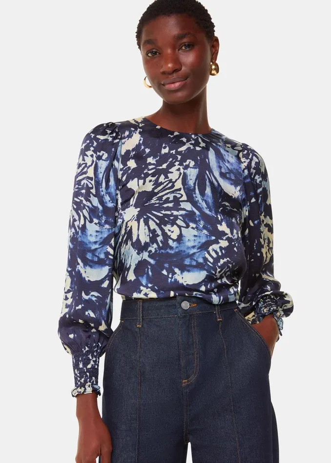 Women Tops Whistles Navy Dazzled Floral Satin Blouse