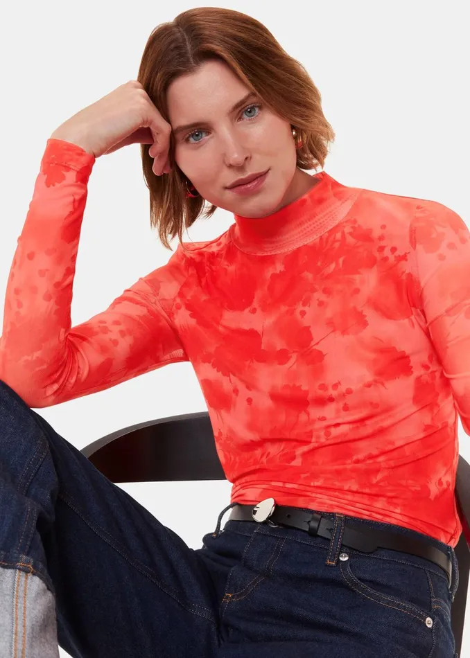 Women Tops Whistles Red Blurred Blooms Mesh Top