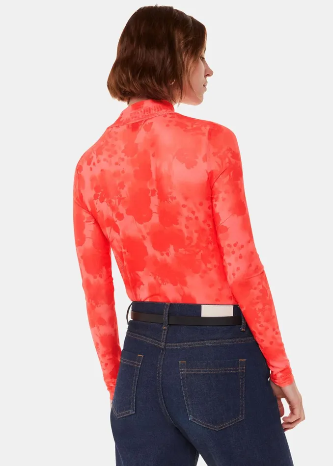 Women Tops Whistles Red Blurred Blooms Mesh Top