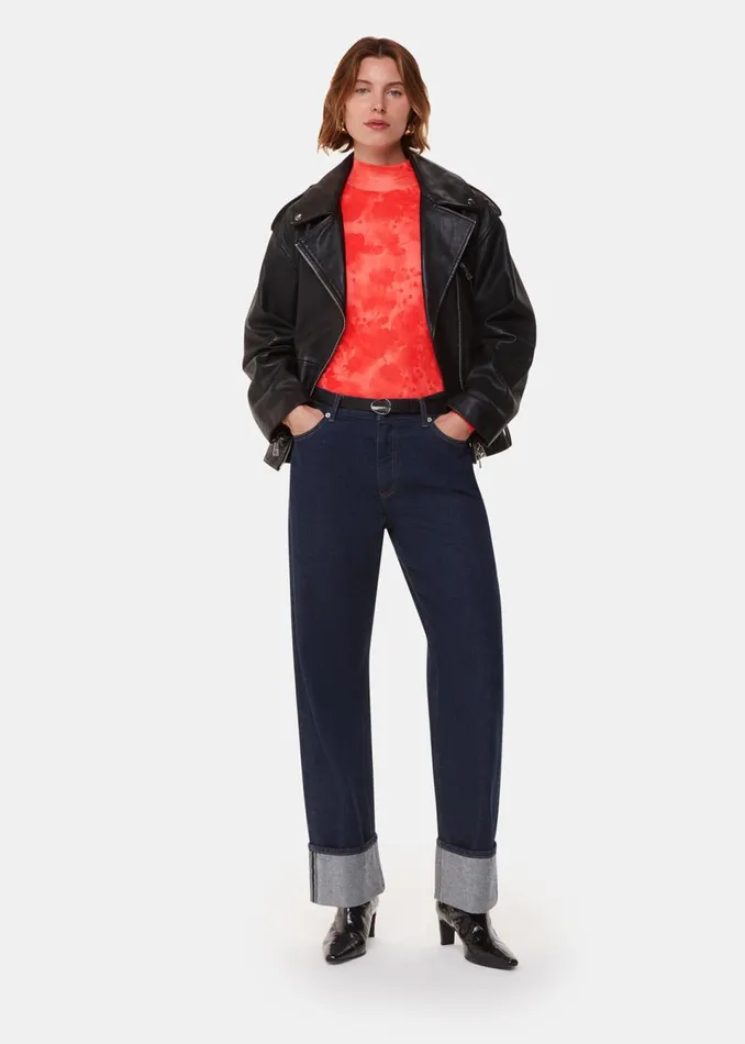Women Tops Whistles Red Blurred Blooms Mesh Top