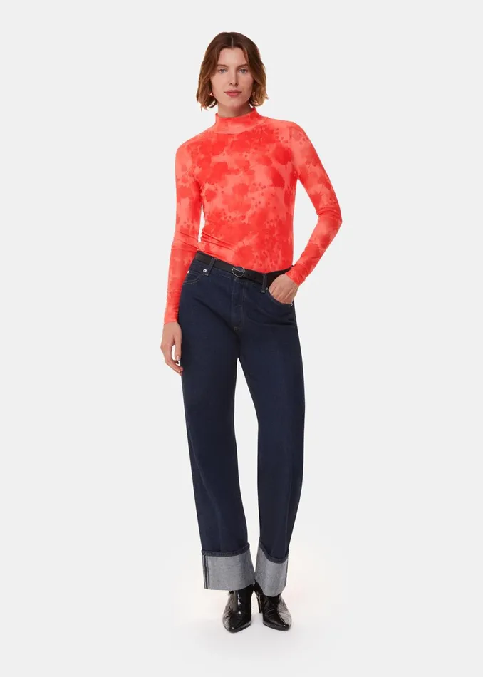Women Tops Whistles Red Blurred Blooms Mesh Top