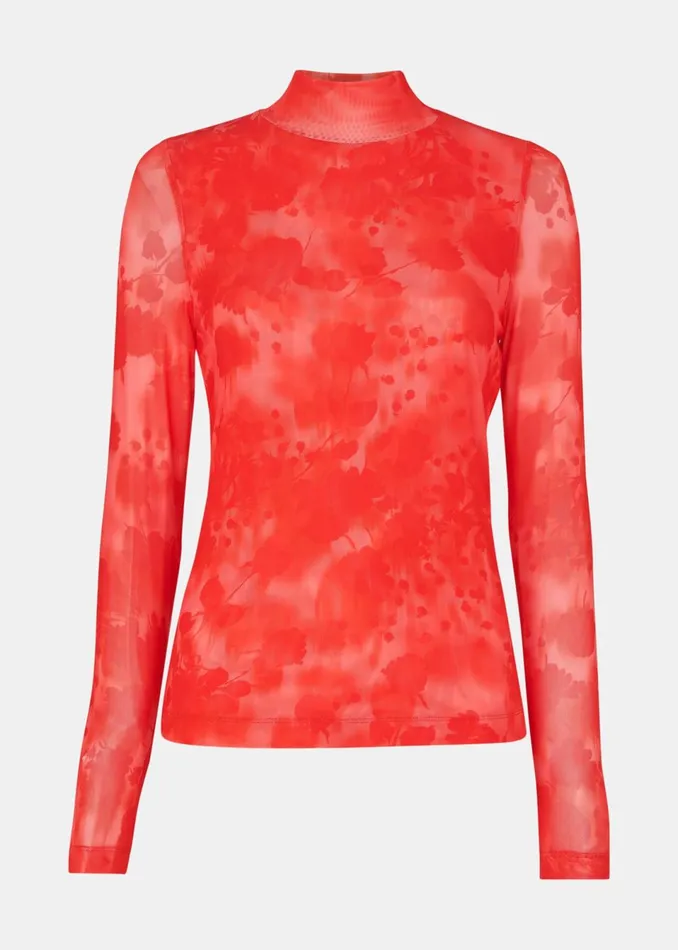 Women Tops Whistles Red Blurred Blooms Mesh Top