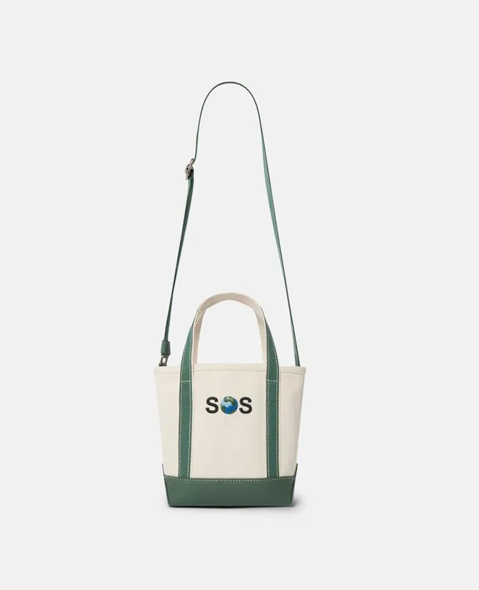 Women Tote Bags Stella McCartney SOS Embroidered Small Tote Bag Dune Beige Amazon Green Women Tote Bags Stella McCartney SOS Embroidered Small Tote Bag Dune Beige Amazon Green