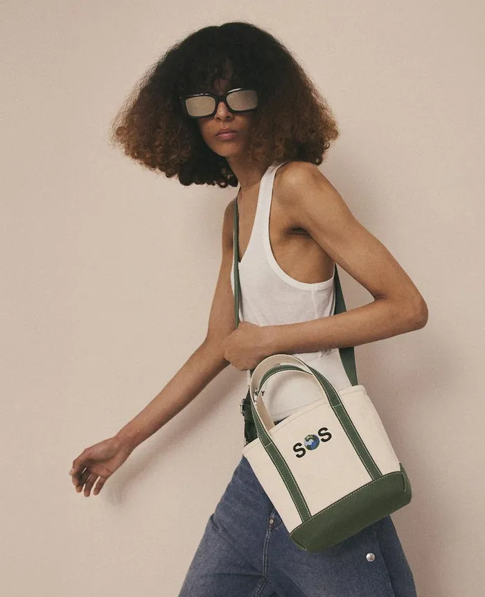 Women Tote Bags Stella McCartney SOS Embroidered Small Tote Bag Dune Beige Amazon Green