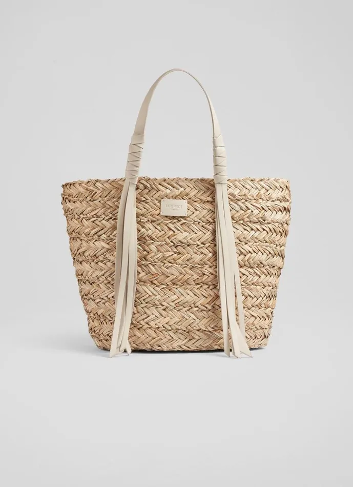 Women Violetta Cream Leather Tassel Straw Bag LKBennett Tote Bags
