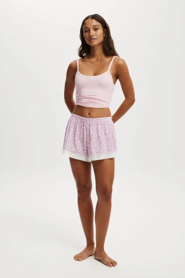 Woven Sleep Short With Lace Trim Camille Ditsy Pink Women Cotton On Shorts
